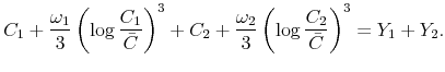 \displaystyle C_{1}+\frac{\omega_{1}}{3}\left( \log\frac{C_{1}}{\bar{C}}\right) ^{3}% +C_{2}+\frac{\omega_{2}}{3}\left( \log\frac{C_{2}}{\bar{C}}\right) ^{3}=Y_{1}+Y_{2}. 