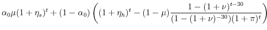 \displaystyle \alpha_0 \mu (1+\eta_s)^t + (1-\alpha_0)\left((1+\eta_h)^t - (1-\mu)\frac{1-(1+\nu)^{t-30}}{(1-(1+\nu)^{-30})(1+\pi)^t}\right)