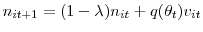 \displaystyle n_{it+1}=(1-\lambda)n_{it}+q(\theta_{t})v_{it}