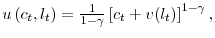 \displaystyle u\left( c_{t},l_{t}\right) =\tfrac{1}{1-\gamma }\left[ c_{t}+v(l_{t})\right] ^{1-\gamma },