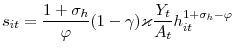 \displaystyle s_{it}=\frac{1+\sigma_{h}}{\varphi}(1-\gamma)\varkappa\frac{Y_{t}}{A_{t} }h_{it}^{1+\sigma_{h}-\varphi} 