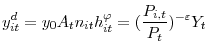 \displaystyle y_{it}^{d}=y_{0}A_{t}n_{it}h_{it}^{\varphi}=(\frac{P_{i,t}}{P_{t} })^{-\varepsilon}Y_{t} 