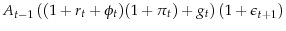  A_{t-1}\left((1+r_t+\phi_t)(1+\pi_t)+g_t\right)(1+\epsilon_{t+1})