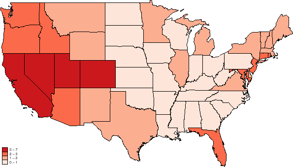 Figure 6: Reverse Mortgage Origination as a Percentage of Owner-Occupied Units with Householders Aged 60 or Above, 1989-2007.  This is a map of the 48 contiguous states.  California, Colorado, District of Columbia, Nevada, and Utah are shaded in the darkest color. Arizona, Connecticut, Florida, Idaho, Maryland, New Jersey, Oregon, Rhode Island, and Washington are shaded in the second darkest color. Delaware, Illinois, Massachusetts, Maine, Michigan, Minnesota, Montana, New Hampshire, New Mexico, New York, Texas, Virginia, Vermont, and Wyoming are shaded with the second lightest color. The remaining states are shaded with the lightest color.