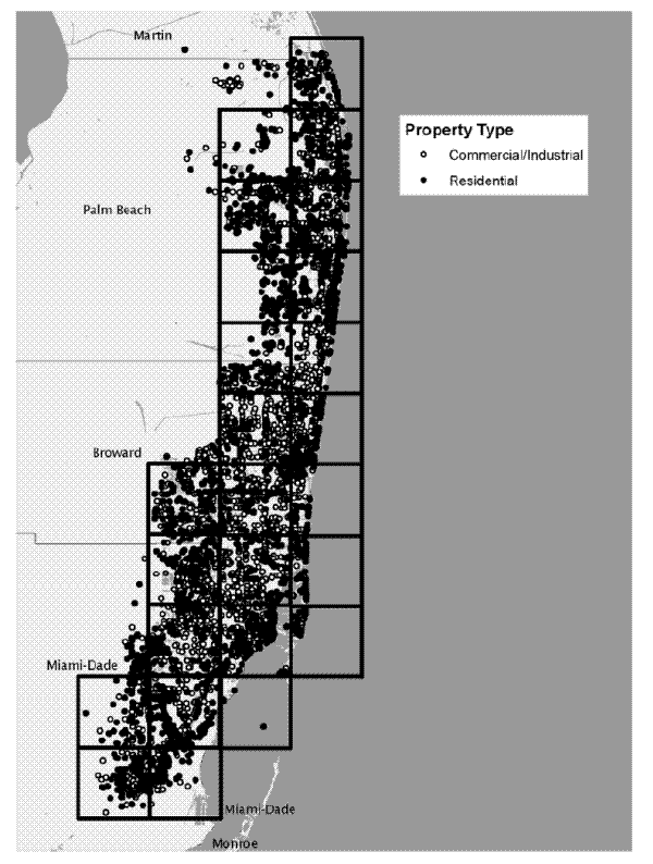 Figure 4: Locational Grid for South Florida.  The figure shows a scatterplot of all the transactions in the dataset for South Florida.  Each residential transaction is represented by a solid circle and each commercial/industrial transaction by a hollow circle.  These transactions lie in a fairly narrow band along the East coast of Florida. A grid consisting of 25 square blocks is also shown.  Almost all of the circles are contained within the grid.