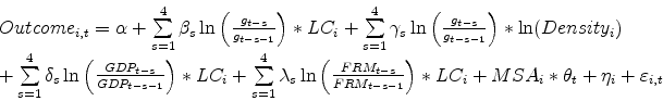 \begin{displaymath}\begin{array}{l} Outcome_{i,t} =\alpha +\sum\limits_{s=1}^4 {\beta _s \ln \left( {\frac{g_{t-s} }{g_{t-s-1} }} \right)} \ast LC_i +\sum\limits_{s=1}^4 {\gamma _s \ln \left( {\frac{g_{t-s} }{g_{t-s-1} }} \right)} \ast \ln (Density_i ) \\ +\sum\limits_{s=1}^4 {\delta _s \ln \left( {\frac{GDP_{t-s} }{GDP_{t-s-1} }} \right)} \ast LC_i +\sum\limits_{s=1}^4 {\lambda _s \ln \left( {\frac{FRM_{t-s} }{FRM_{t-s-1} }} \right)} \ast LC_i +MSA_i \ast \theta _t +\eta _i +\varepsilon _{i,t} \\ \end{array}\end{displaymath}