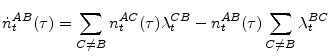 \displaystyle \dot{n}_{t}^{AB}(\tau)=\sum_{C\neq B}n_{t}^{AC}(\tau)\lambda_{t}^{CB}% -n_{t}^{AB}(\tau)\sum_{C\neq B}\lambda_{t}^{BC}