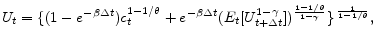 \displaystyle U_{t}=\{ (1-e^{-\beta \Delta t}) c_{t}^{1-1/\theta } + e^{-\beta\Delta t} (E_{t} [ U_{t+\Delta t}^{1-\gamma } ] )^{\frac{1-1/\theta }{1-\gamma }} \}\,^{\frac{1}{1-1/\theta }} ,