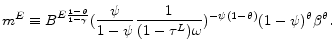 \displaystyle m^{E}\equiv B^{E\frac{1-\theta }{1-\gamma }}(\frac{\psi }{1-\psi }\frac{1}{ (1-\tau ^{L})\omega })^{-\psi (1-\theta )}(1-\psi )^{\theta }\beta ^{\theta } .