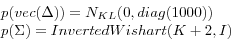 \begin{displaymath}\begin{array}{l} {p(vec(\Delta ))=N_{KL} (0,diag(1000))} \\ {p(\Sigma )=InvertedWishart(K+2,I)} \end{array}\end{displaymath}