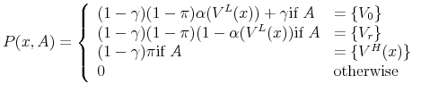\displaystyle P(x,A) = \left\{ \begin{array}{ll} (1-\gamma)(1-\pi)\alpha(V^{L}(x)) + \gamma \text{if } A &= \{V_{0}\} \\ (1-\gamma)(1-\pi)(1-\alpha(V^{L}(x)) \text{if } A &= \{V_{r}\} \\ (1-\gamma)\pi \text{if } A &= \{V^H(x)\} \\ 0 & \text{otherwise } \end{array} \right .