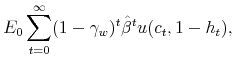 \displaystyle E_{0}\sum_{t=0}^{\infty}(1-\gamma_{w})^t\hat{\beta}^{t} u(c_{t},1-h_{t}),