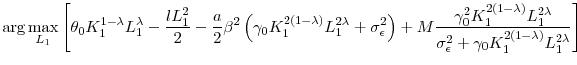 \displaystyle \arg \max_{L_{1}}\left[ \theta _{0}K_{1}^{1-\lambda }L_{1}^{\lambda }-\frac{lL_{1}^{2}}{2}-\frac{a}{2}\beta ^{2}\left( \gamma _{0}K_{1}^{2\left( 1-\lambda \right) }L_{1}^{2\lambda }+\sigma _{\epsilon }^{2}\right) +M\frac{\gamma _{0}^{2}K_{1}^{2\left( 1-\lambda \right) }L_{1}^{2\lambda }}{\sigma _{\epsilon }^{2}+\gamma _{0}K_{1}^{2\left( 1-\lambda \right) }L_{1}^{2\lambda }}\right]