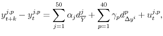 \displaystyle y_{t+k}^{j,p}-y_{t}^{j,p}=\sum_{j=1}^{50}\alpha_{j}d_{\overline{Y}}^{j}+\sum_{p=1}^{40}\gamma_{p}d_{\Delta y^{i}}^{p}+u_{t}^{j,p},