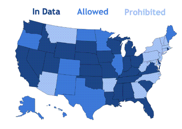 Figure 1. States in the data are shown in dark blue, states that allow payday lending but are not in the data are shown
in medium blue, and states that prohibit payday lending are shown in light blue.
