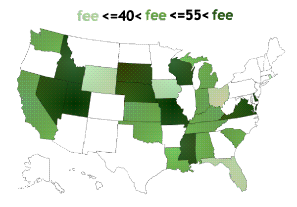 Figure 2. States in the data with fee caps per $300 greater than $55 are shown in dark green, with caps greater than
$40 and less than or equal to $55 are shown in medium green, and with caps less than or equal to $40 are shown in light green. 