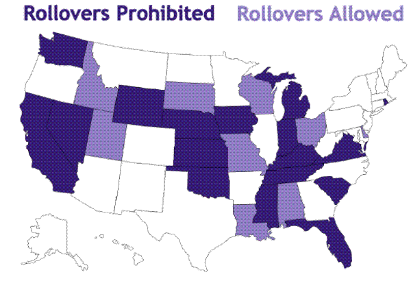 Figure 3. States in the data that prohibit all rollovers are shown in dark purple, and those that allow some form of rollovers are shown in light purple
