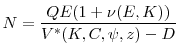 \displaystyle N = \frac{Q E(1+\nu(E,K))}{V^*(K,C,\psi,z)-D}