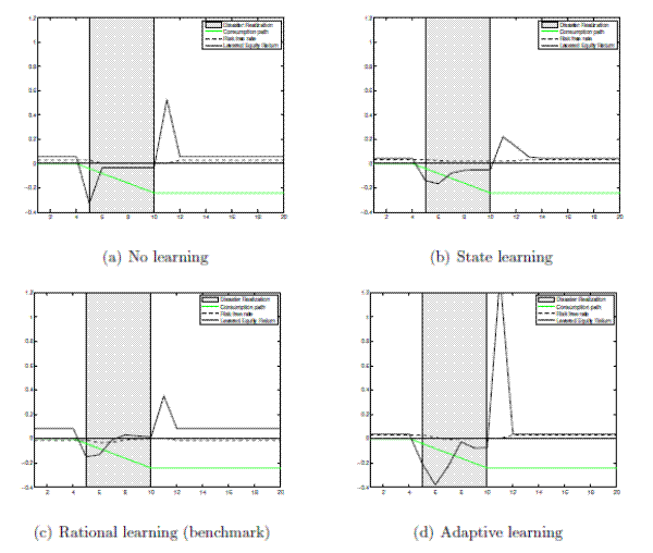 Figure 2: A Disaster Realization, Part 2. Figure 2 shows the asset pricing implications for a sample disaster. Figure 2 has 4 panels of line graphs. Panel (a) displays the risk free rate, levered equity return and the de-trended consumptions path for the no-learning case. Panels (b), (c) and (d) display the relevant data for state learning, benchmark learning and adaptive learning respectively. The horizontal axis depicts time in years from 0 to 20. The vertical axis shows denotes returns as well as log consumption. The range of the vertical axis is from -0.4 to 1.2. The evolution of log consumption is the same across all panels. For log consumption we can see in all panels that during the disaster from period 5 to 10 log consumption declines by 4 percent annually for a total decline of 0.24. The differences across panels for the risk free rate are minor: The key observation is that the basic movements are similar; the risk free rate falls at the beginning of the disaster slightly and increases at the end.  There is a significant difference in the response of levered equity returns across the four panels. Panel (a) shows that in the no learning case (full information) that the beginning of the disaster implies a drop in levered equity returns by about 35%. Levered equity returns then stay negative until they experience a boom at the end of a disaster.  Before and after the disaster the levered equity return is at it's long run average. The stock market crash at the beginning and the boom at the end are characteristics present in all figures. Agents in the no learning scenario know with certainty the state of the world. Panel (b) shows our state learning case: The magnitude of crash and boom is smaller than in the no learning case as agents assign a probability less than 1 to being in a disaster at the onset and a probability higher than 0 at the end of the disaster. Crash and boom are slightly more than half the size of the response in the no learning case. In our benchmark learning in panel (c) the magnitude of the response of equity returns is similar to panel (b) with the boom being slightly larger. Panel (d) shows asset returns for the adaptive learning case. It is characterized by the largest response to the disaster in terms of crash and boom. The crash is about 10-20% deeper than in the no learning case and the boom is more than twice as large. 