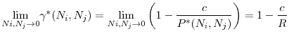 \displaystyle \underset{Ni,N_{j}\rightarrow 0}{\lim }\gamma ^{\ast }(N_{i},N_{j})=\underset {Ni,N_{j}\rightarrow 0}{\lim }\left( 1-\frac{c}{P^{\ast }(N_{i},N_{j})}% \right) =1-\frac{c}{R}