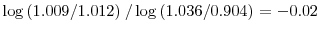  \log\left( 1.009/1.012\right) /\log\left( 1.036/0.904\right) =-0.02