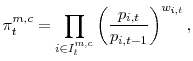 \displaystyle \pi_{t}^{m,c}=% {\displaystyle\prod\limits_{i\in I_{t}^{m,c}}} \left( \frac{p_{i,t}}{p_{i,t-1}}\right) ^{w_{i,t}}, 