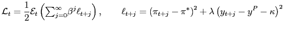 $\displaystyle \mathcal{L}_{t}=\frac{1}{2}\mathcal{E}_{t}\left( {\textstyle\sum_... ...pi_{t+j}-\pi^{\ast }\right) ^{2}+\lambda\left( y_{t+j}-y^{P}-\kappa\right) ^{2}$