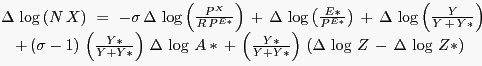 \begin{displaymath} \begin{array}
[c]{l}
(24)\,\,\Delta\,\log\left(  {N\,X} \right) \,\,=\,\,-\sigma\,\Delta
\,\log\left(  {\frac{P^{X}}{R\,P^{E\ast}}} \right) \,+\,\Delta\,\log\left(
{\frac{E\ast}{P^{E\ast}}} \right) \,+\,\Delta\,\log\left(  {\frac
{Y}{Y\,+\,Y\ast}} \right) \,\\
\,\,\,\,\,\,\,\,\,\,\,\,\,\,\,\,\,\,+\,(\sigma-1)\,\left(  {\frac{Y\ast
}{Y+Y\ast}} \right) \,\Delta\,\log\,A\ast\,+\,\left(  {\frac{Y\ast}{Y+Y\ast}}
\right) \,\left(  {\Delta\,\log\,Z\,-\,\Delta\,\log\,Z\ast} \right) \\\end{array}\end{displaymath}