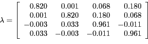 \begin{displaymath}\lambda=\left[ \begin{array}[c]{rrrr} 0.820 & 0.001 & 0.068 & 0.180\ 0.001 & 0.820 & 0.180 & 0.068\ -0.003 & 0.033 & 0.961 & -0.011\ 0.033 & -0.003 & -0.011 & 0.961 \end{array}\right] \end{displaymath}