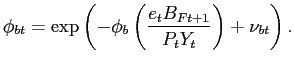 $\displaystyle \phi_{bt} = \exp\left(-\phi_b \left(\frac{e_t B_{Ft+1}}{P_{t} Y_{t}}\right)+\nu_{bt}\right).$