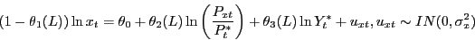 \begin{displaymath} (1-\theta _1 (L))\ln x_t =\theta _0 +\theta _2 (L)\ln \left( {\frac{P_{xt} }{P_t^\ast }} \right)+\theta _3 (L)\ln Y_t^\ast +u_{xt} ,u_{xt} \sim IN(0,\sigma _x^2 ) \end{displaymath}