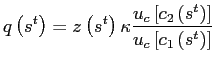 $\displaystyle q\left( s^{t}\right) =z\left( s^{t}\right) \kappa\frac{u_{c}\left[ c_{2}\left( s^{t}\right) \right] }{u_{c}\left[ c_{1}\left( s^{t}\right) \right] }$