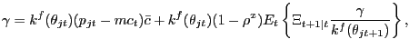 $\displaystyle \gamma= k^{f}(\theta_{jt})(p_{jt} - mc_{t})\bar{c} + k^{f}(\theta_{jt})(1-\rho^{x}) E_{t} \left\{ \Xi_{t+1\vert t} \frac{\gamma}{k^{f}(\theta_{jt+1})}\right\} ,$