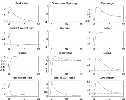 Figure 5a shows impulse response function to a positive productivity shock. Productivity increases, Government spending does not react, real wage increases, interest rate increases, tax rate does not react, inflation decreases, consumption increases.