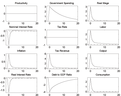 Figure 5b shows impulse response function to a positive government spending shock. Productivity does not react, Government spending increases, real wage increases, interest rate decreases, tax rate does not react, inflation increases, consumption increases.