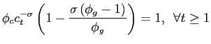 $\displaystyle \phi_c c_t^{-\sigma} \left(1 - \frac{\sigma\left(\phi_{g}-1\right)}{\phi_g}\right) = 1, \hspace{.2cm} \forall t\geq1$