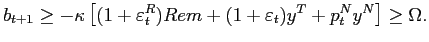 $\displaystyle b_{t+1}\geq-\kappa\left[ (1+\varepsilon_{t}^{R} )Rem+(1+\varepsilon_{t})y^{T}+p_{t}^{N}y^{N}\right] \geq\Omega.$