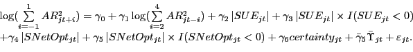 \begin{displaymath}\begin{array}[c]{l} \log(\sum\limits_{i=-1}^{1} {AR_{jt+i}^{2} } )=\gamma_{0} +\gamma_{1} \log(\sum\limits_{i=2}^{4} {AR_{jt-i}^{2} } )+\gamma_{2} \left\vert {SUE_{jt} } \right\vert +\gamma_{3} \left\vert {SUE_{jt} } \right\vert \times I(SUE_{jt} <0)\\ +\gamma_{4} \left\vert {SNetOpt_{jt} } \right\vert +\gamma_{5} \left\vert {SNetOpt_{jt} } \right\vert \times I(SNetOpt_{jt} <0)+\gamma_{6} certainty_{jt} +\bar{\gamma }_{5} \bar{\Upsilon}_{jt} +\varepsilon_{jt} .\\ \end{array}\end{displaymath}