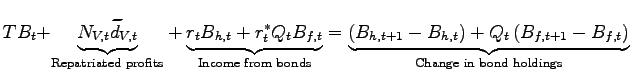 $\displaystyle TB_{t}{\small +}\underset{\text{Repatriated profits}}{\underbrace {N_{V,t}\widetilde{d}_{V,t}}}+\underset{\text{Income from bonds}} {\underbrace{r_{t}B_{h,t}+r_{t}^{\ast}Q_{t}B_{f,t}}}=\underset{\text{Change in bond holdings}}{\underbrace{\left( B_{h,t+1}-B_{h,t}\right) +Q_{t}\left( B_{f,t+1}-B_{f,t}\right) }}$