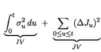 $\displaystyle \,\, \underset{IV}{\underbrace{ \ST\int_0^t\sigma^2_u\,du}} \,\, + \,\, \underset{JV}{\underbrace{\sum_{0\le u\le t}(\Delta J_{u})^2}}$