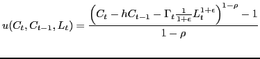 $\displaystyle u(C_{t},C_{t-1},L_{t})= \frac{ \left( C_{t} - hC_{t-1} - \Gamma_{t} \frac {1}{1+\epsilon} L_{t}^{1+\epsilon} \right) ^{1-\rho} - 1 }{1-\rho}$