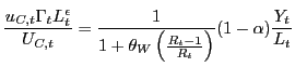 $\displaystyle \frac{u_{C,t} \Gamma_{t} L_{t}^{\epsilon}}{U_{C,t}} = \frac{1}{1 + \theta_{W} \left( \frac{R_{t}-1}{R_{t}} \right) } (1-\alpha) \frac{Y_{t}}{L_{t}}$