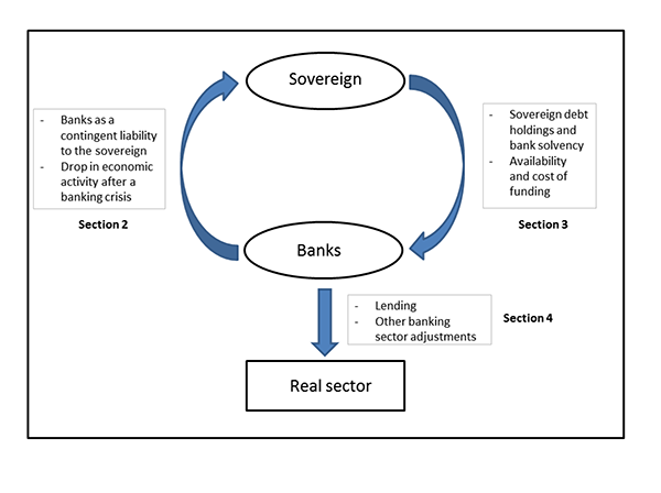 Figure 1: This figure shows a schematic characterization of the connection between sovereigns and banks. Issues that arise in the banking sector, such as a drop in economic activity after a banking crisis or banks as a contingent liability to the sovereign, can severely impact the sovereign, shown by the left arrow.  Conversely, as shown by the left arrow, this link can flow in the opposite direction, with the sovereign impacting banks.  Problems such as sovereign debt holding and bank solvency or the availability and cost of funding cause a flow in this direction.  Despite having the ability to act separately, these linkages are also highly likely to devolve into a “feedback loop”, as shown by the bottom arrow.  This type of “twin crisis” can be caused by the interconnections and negative effects described above, and can lead to severe implications for aggregate economic activity.