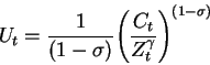 \begin{displaymath}
U_t = \left( \frac{C_t}{Z_t} Z_t^{(1-\gamma)} \right)^{1-\sigma}
\end{displaymath}