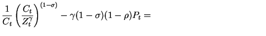\begin{eqnarray} \label{eq:nonlin_euler}
\frac{1}{C_t} \left( \frac{C_t}{Z_t^\gamma} \right)^{(1-\sigma)} -
\gamma (1-\sigma)(1-\rho) P_t = \hspace{2in} && 
\end{eqnarray}
