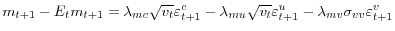 \displaystyle m_{t+1}-E_{t}m_{t+1}=\lambda_{mc}\sqrt{v_{t}}\varepsilon_{t+1}^{c}% -\lambda_{mu}\sqrt{v_{t}}\varepsilon_{t+1}^{u}-\lambda_{mv}\sigma _{vv}\varepsilon_{t+1}^{v}% 