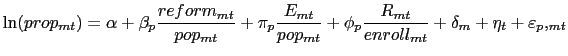 % latex2html id marker 4159 $LaTex Encoded Math: \displaystyle \ln (prop_{mt})=\alpha +\beta _{p}\f... ..._{p}\frac{R_{mt}}{enroll_{mt}}+\delta _{m}+\eta _{t}+\varepsilon _{p},_{mt} $