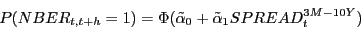 \begin{displaymath} P(NBER_{t,t+h} =1)=\Phi (\tilde {\alpha }_0 +\tilde {\alpha }_1 SPREAD_t^{3M-10Y} ) \end{displaymath}