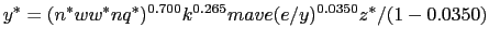 LaTex Encoded Math: \displaystyle y^{\ast}=(n^{\ast}ww^{\ast}nq^{\ast})^{0.700}k^{0.265}mave(e/y)^{0.0350}% z^{\ast}/(1-0.0350)