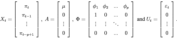 \begin{displaymath} X_{t}=\left[ \begin{array}[c]{c}% \pi_{t}\ \pi_{t-1}\ \vdots\ \pi_{t-p+1}% \end{array}\right] ,\text{ }A=\left[ \begin{array}[c]{c}% \mu\ 0\ \vdots\ 0 \end{array}\right] ,\text{ }\Phi=\left[ \begin{array}[c]{cccc}% \phi_{1} & \phi_{2} & ... & \phi_{p}\ 1 & 0 & ... & 0\ \vdots & \vdots & \ddots & \vdots\ 0 & 0 & ... & 0 \end{array}\right] \text{ and }U_{t}=\left[ \begin{array}[c]{c}% \varepsilon_{t}\ 0\ \vdots\ 0 \end{array}\right] . \end{displaymath}